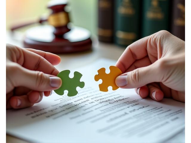 Zwei Hände, die ein Puzzleteil zusammenfügen, symbolisieren Konfliktlösung und Zusammenarbeit, umgeben von juristischen Dokumenten und einem Stift.
