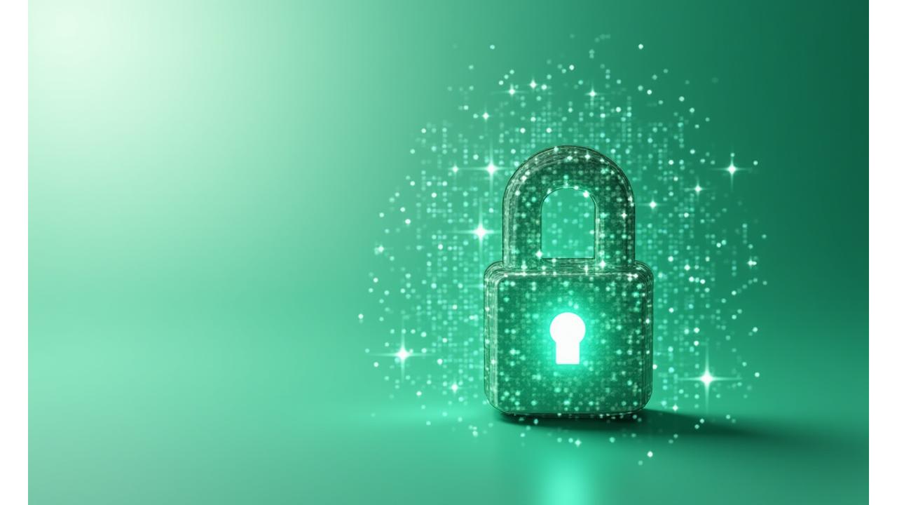 Ein stilisiertes digitales Schloss, das Sicherheit und Privatsphäre symbolisiert, vor einem Hintergrund aus sanften, geschwungenen Linien.