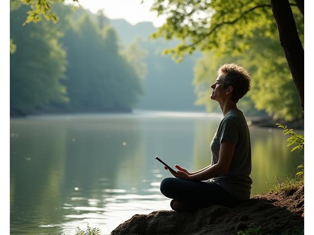 Eine Person meditiert im Grünen, das Smartphone liegt ausgeschaltet daneben, symbolisiert Digital Detox.
