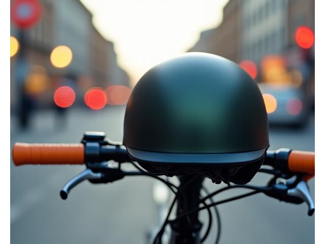Ein leichter Fahrradhelm auf einem Fahrradlenker, mit einer verschwommenen Berliner Straße im Hintergrund.
