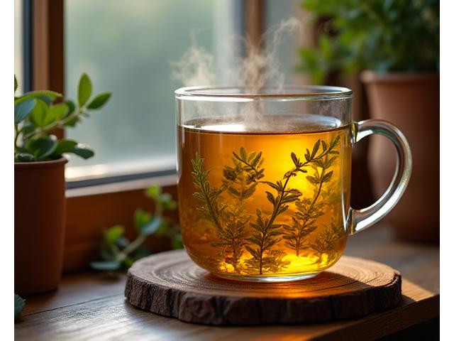 Eine dampfende Tasse beruhigenden Kräutertees mit frischen Kräutern im Hintergrund.