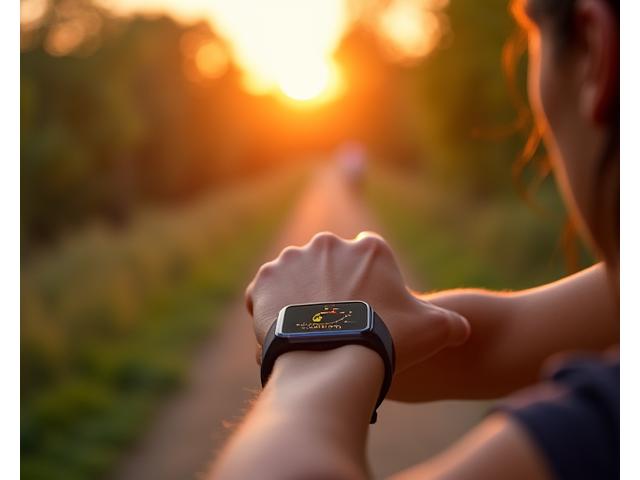 Ein moderner Fitness-Tracker am Handgelenk einer Person, die im Freien Sport treibt.