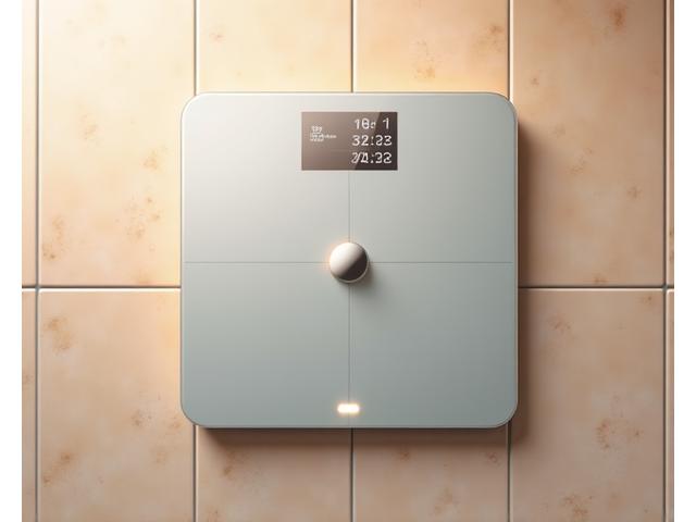 Eine Smart-Waage, die auf einem minimalistischen Hintergrund verschiedene Gesundheitsdaten auf einem Display anzeigt.